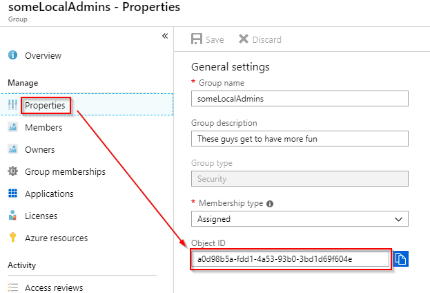 Image of how to get the Object ID of an Azure AD Group.
