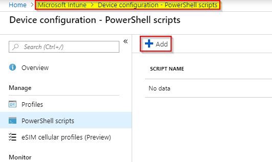 Image depicting how to add a powershell script to intune