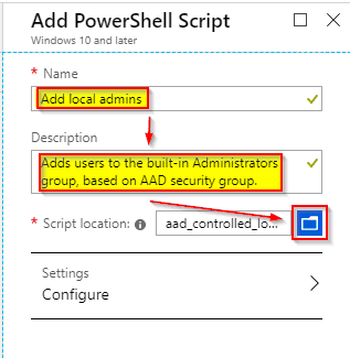 Image depicting how to name and select a powershell script to be uploaded to Intune.